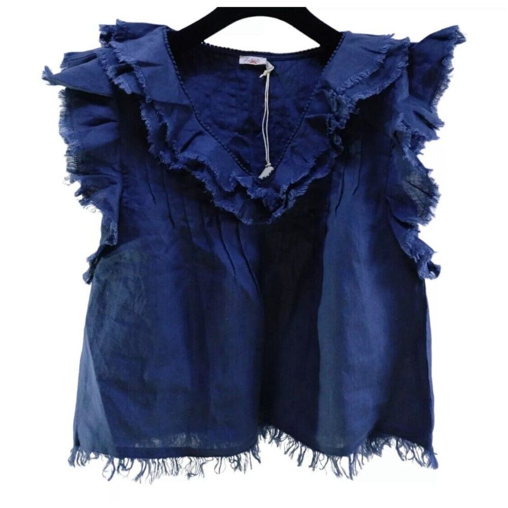 FAHERTY YOSEPHA LINEN BLOUSE WOMEN'S Sz Large NAVY RUFFLE V-neck